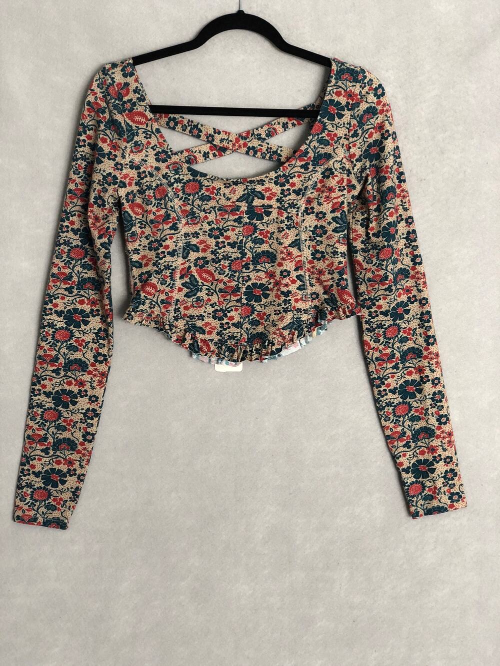 Free People Melanie Top Floral Print Scoop Neck Ruffle Hem Women's Small NEW